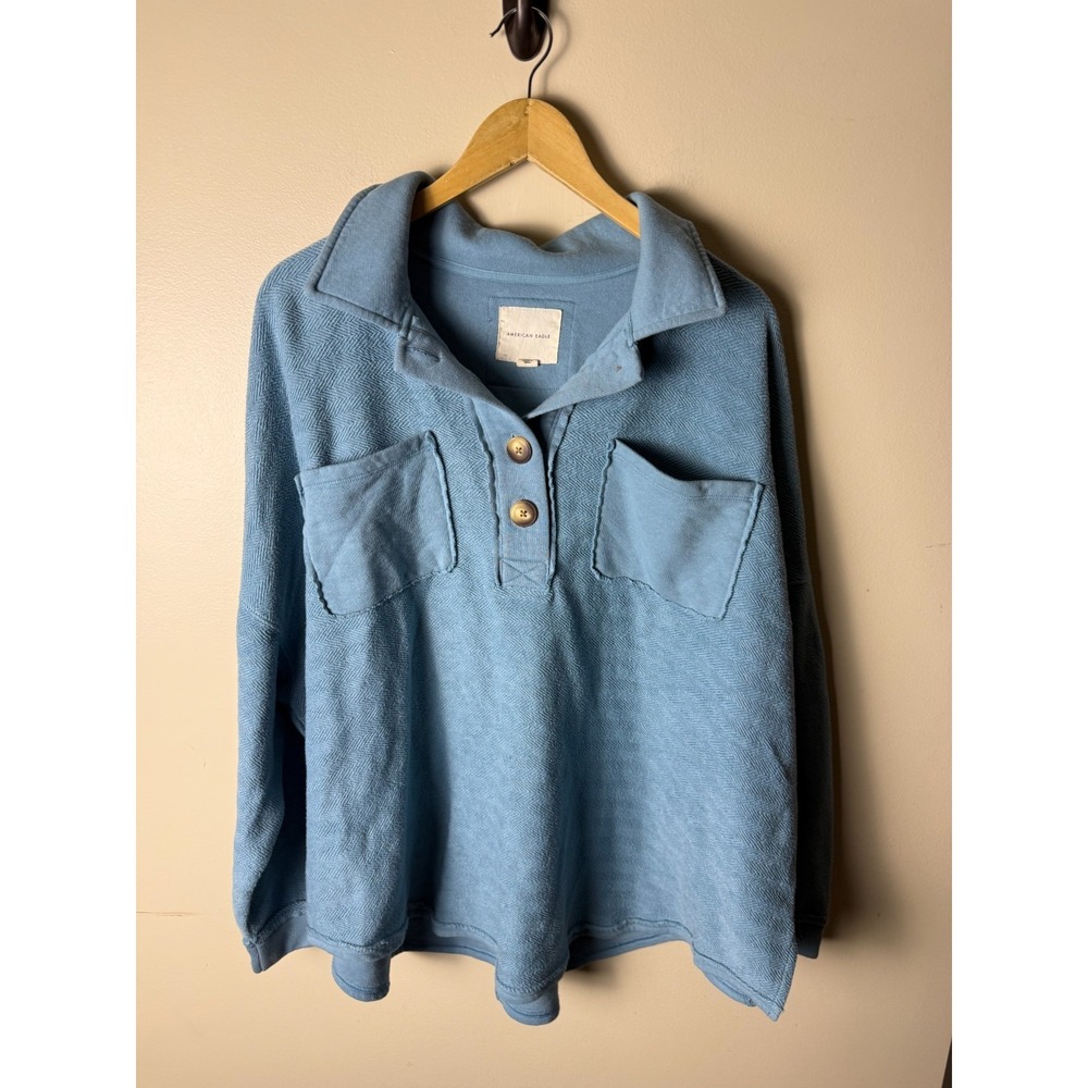 American Eagle Oversized Slouchy Relaxed Button Sweatshirt‎ Womens L Blue